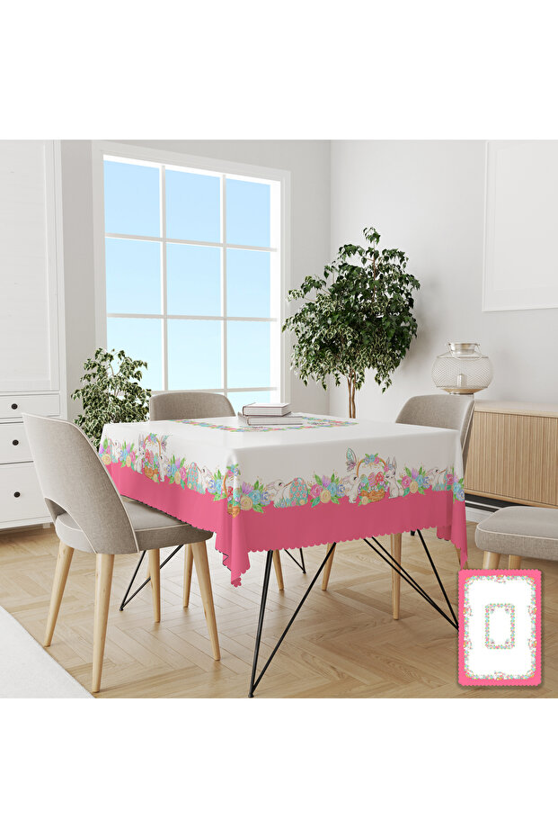 Easter Themed Pink Border Rabbit Pattern Printed Decorative Carefree Table Cloth
