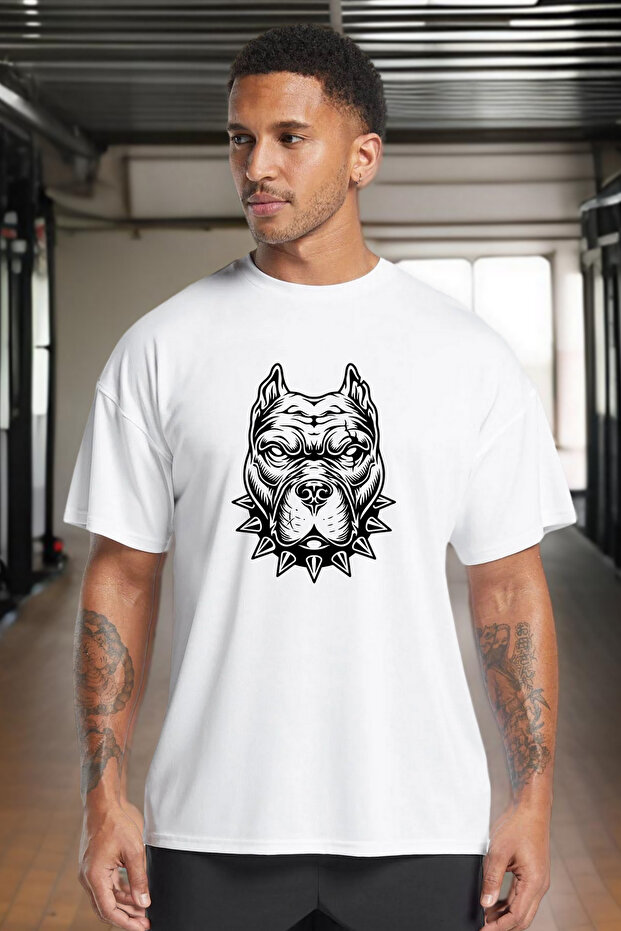 Men's Pitbull Printed White Oversize Crew Neck Cotton Athlete T-Shirt