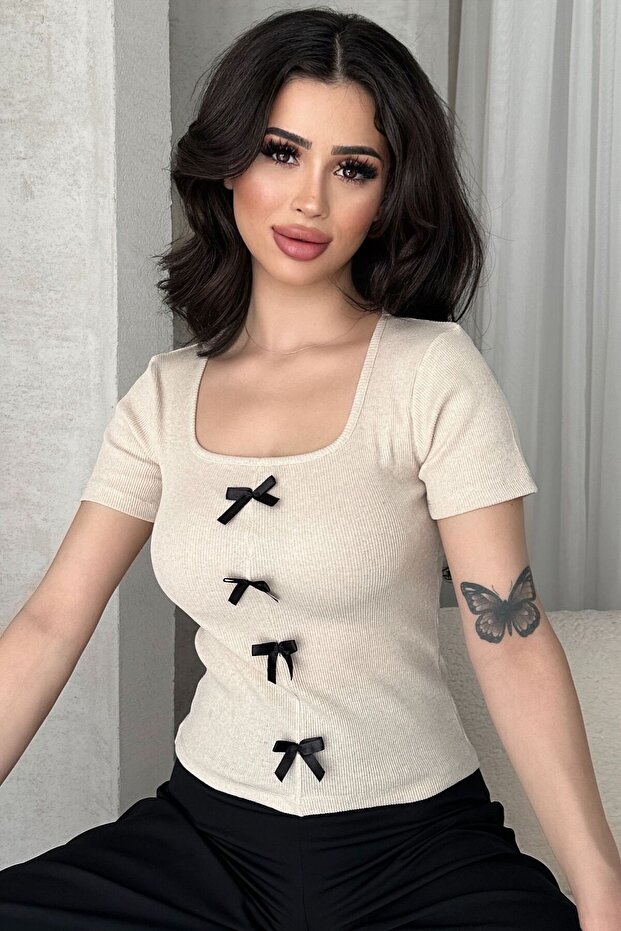 Kadın Krem Fiyonklu Fitilli Örme Bluz - 1