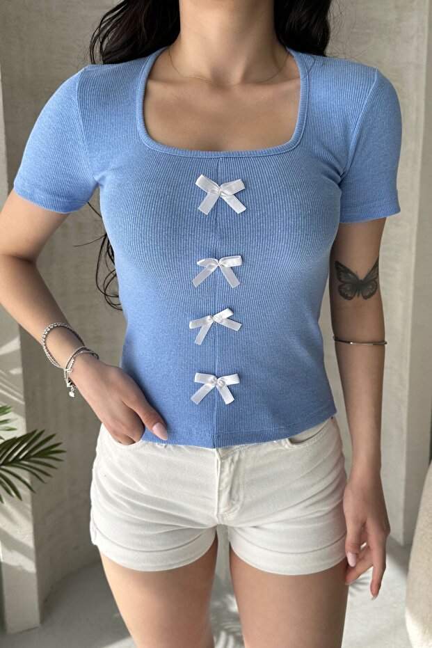 Kadın Mavi Fiyonklu Fitilli Örme Bluz - 2