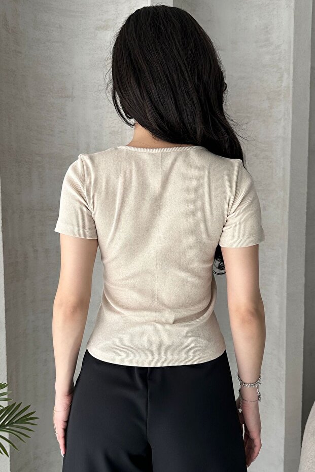 Kadın Krem Fiyonklu Fitilli Örme Bluz - 4