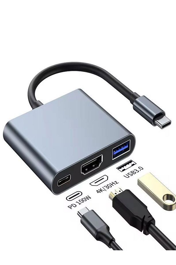 FH007 3in 1 USB-C Hub USB 3.0, PD 100W Type-C, 4K/30Hz Ultra HDM & USB Çevirici Çoklayıcı Ofis - 2