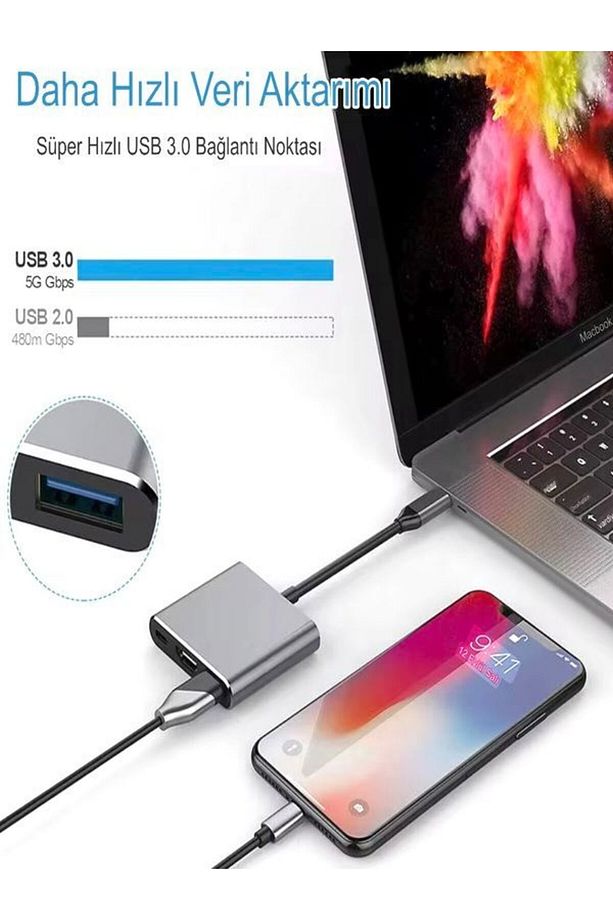 FH007 3in 1 USB-C Hub USB 3.0, PD 100W Type-C, 4K/30Hz Ultra HDM & USB Çevirici Çoklayıcı Ofis - 4