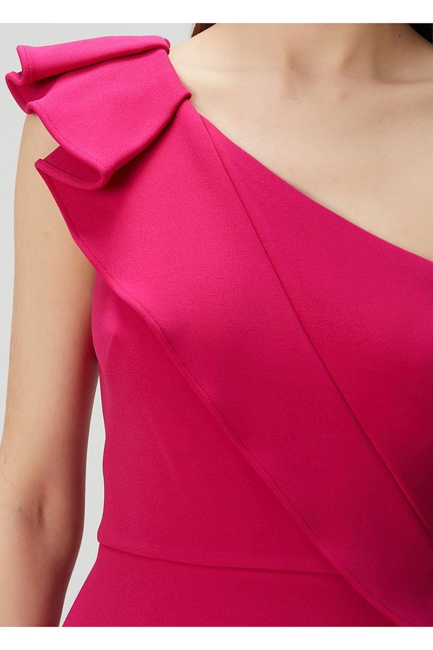 Koyu Pembe Tek Omuzlu Midi Kokteyl Elbise - 5