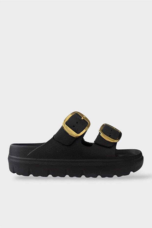 High Sole Buckle Stylish Women's Slippers Black