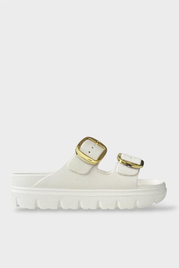 High Sole Buckle Stylish Women's Slippers White