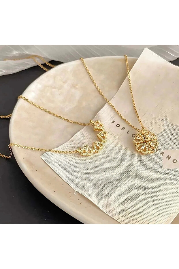 Altın Renk Çelik Mıknatıslı Birleşen Kalp Yonca Kolye - 1