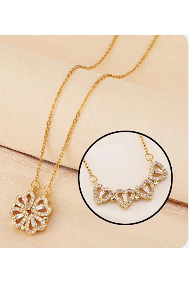 Altın Renk Çelik Mıknatıslı Birleşen Kalp Yonca Kolye - 6