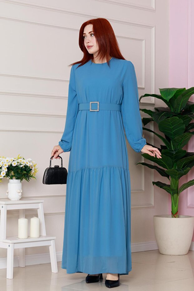 Beli Stone Belted Long Dress-Baby Blue