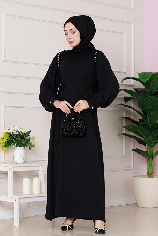 Rose Dress with Stone Detail on the Shoulder-Black