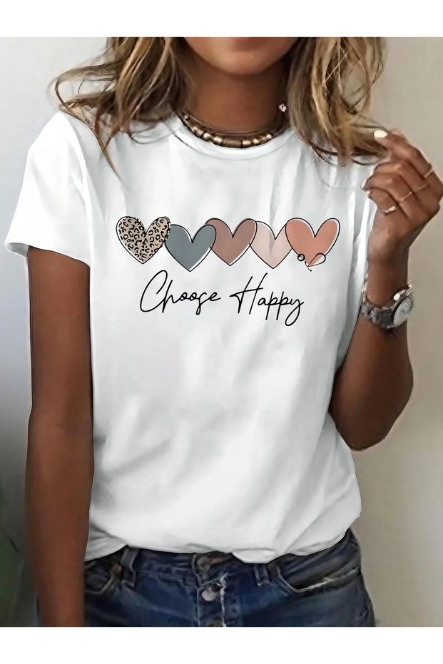 Women's Comfortable Sports T-Shirt, Round Neck, Heart and Happy Print, Short Sleeve, Soft Knitted