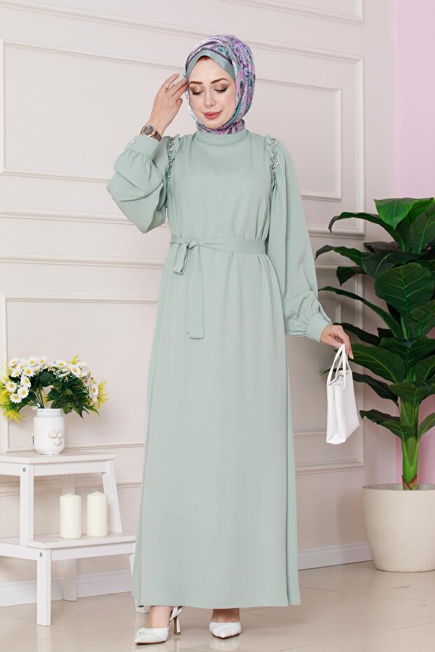 Rose Dress with Stone Detail on the Shoulder-Mint Green
