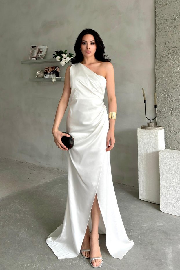 White One Shoulder Slit Detailed Long Evening Dress
