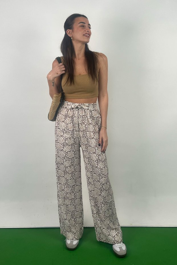 Beige Patterned Polyamide Viscose Draped Palazzo Trousers