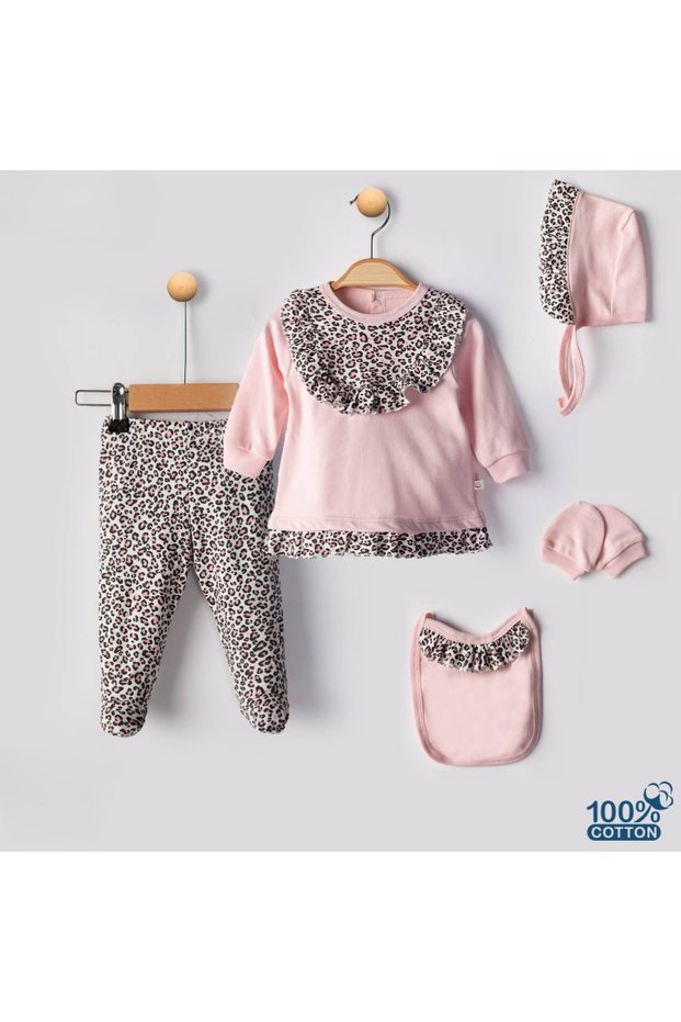 100% Organic Cotton Leopard Pattern 5 Piece Baby Girl Hospital Discharge Set