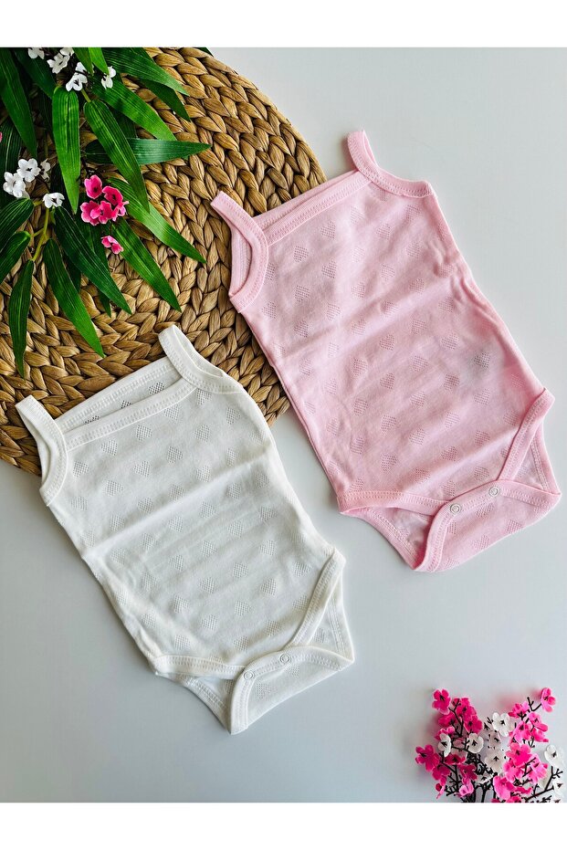 Baby Girl's Rope Strap Bodysuit with Flat Snap Fasteners and Heart Detail, 100% Cotton, Stretchable, 2-Piece Set