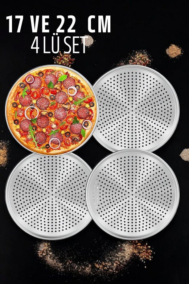 Delikli Pizza Lahmacun Tepsisi Çelik 17 ve 22 CM 4 lü SET 721570 - 1