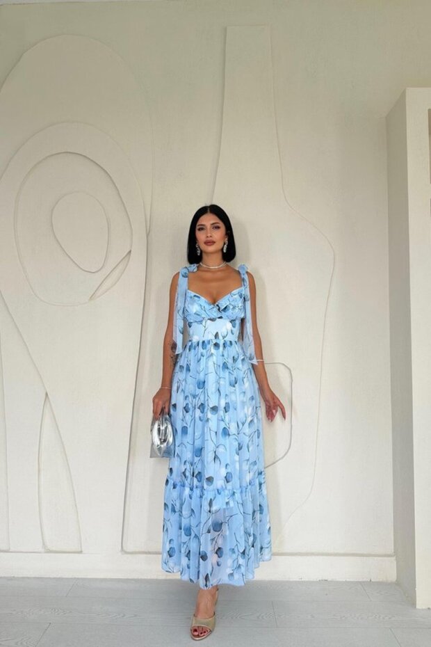 Mavi Şifon Drapeli Elbise - 1