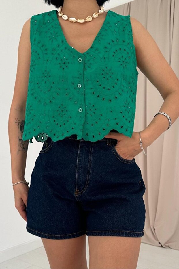 Green Zero Sleeve Brode Blouse - 3