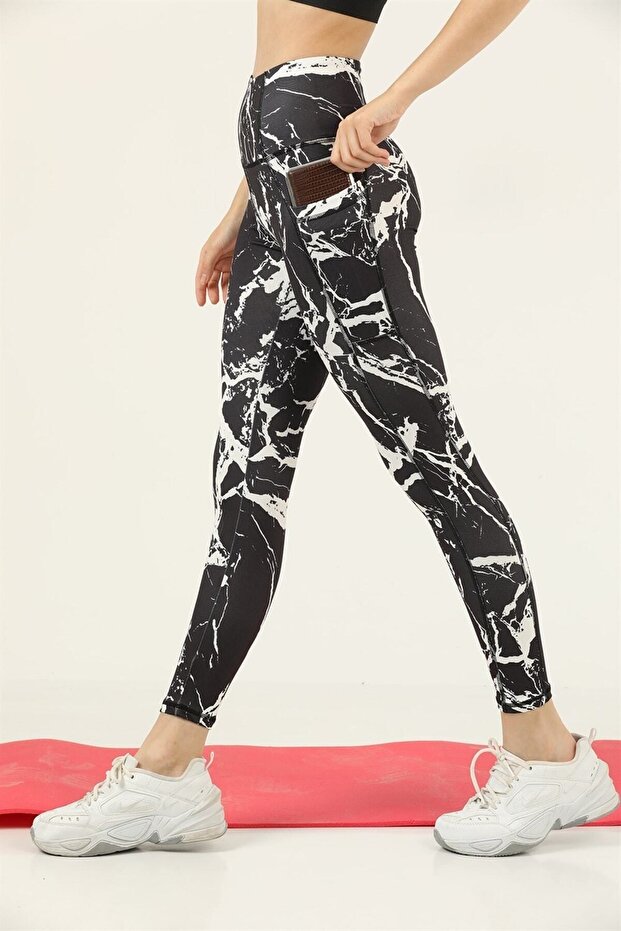 Women's Leggings High Waist Double Pocket Black - White Marble Patterned Digital 1058