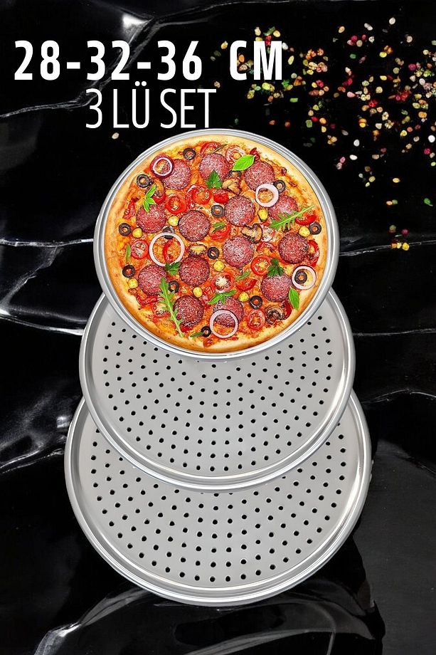 Delikli Pizza Lahmacun Tepsisi Çelik 28-32-36 CM 3 lü SET 721569 - 1