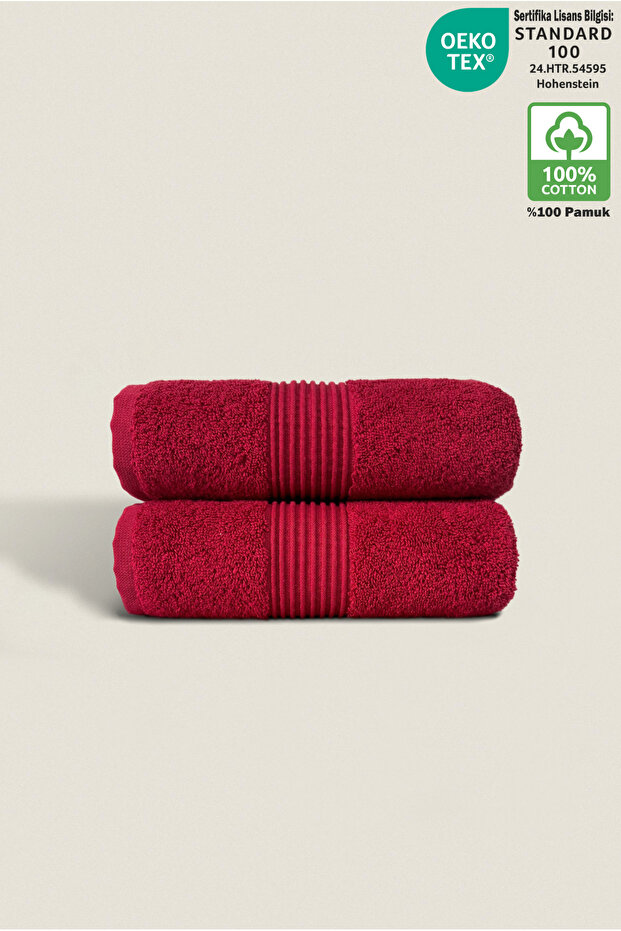 Set of 2 Hand Face Towels 100% Cotton Certified Head Towel | Kitchen | Dowry 50X90Cm Claret Red