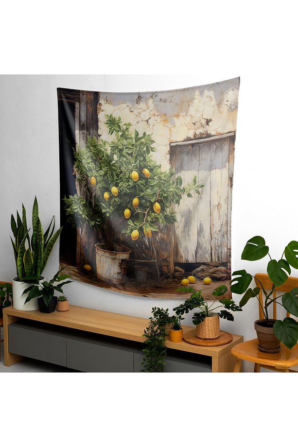 Rustik Charm Limon Ağacı Kumaş Duvar Örtüsü - Canlı Ranforce Baskı, %100 Pamuk Arka ve Polyester - 3