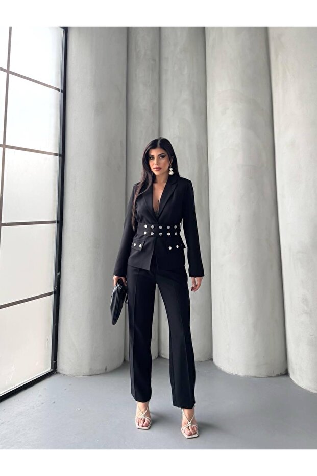Gold Button Double Belt Two-Piece Blazer Set