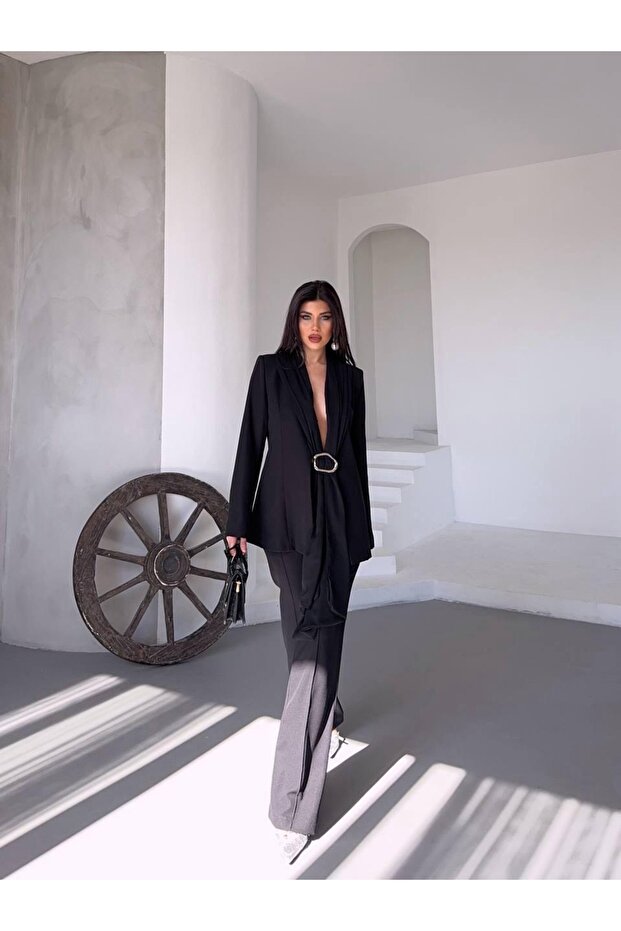 Double Blazer Suit with Shawl Detail