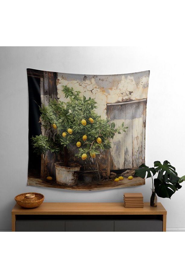 Rustik Charm Limon Ağacı Kumaş Duvar Örtüsü - Canlı Ranforce Baskı, %100 Pamuk Arka ve Polyester - 1