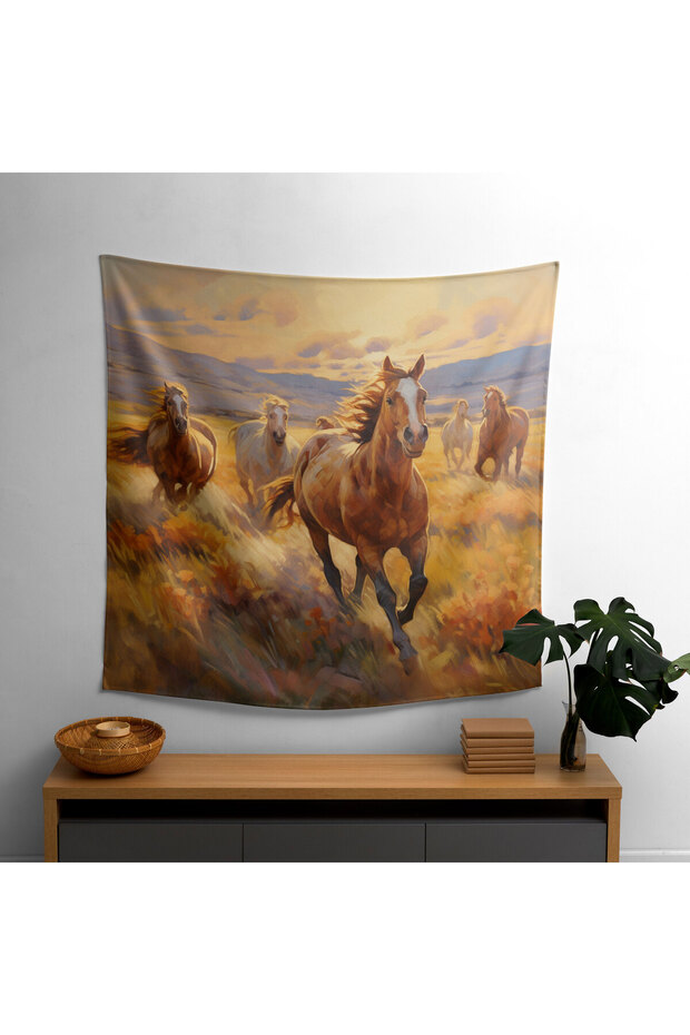 غطاء حائط من Wild Mustangs - ظهر من القطن بنسبة 100%، أمامي من البوليستر - ألوان زاهية، قماش رانفورس