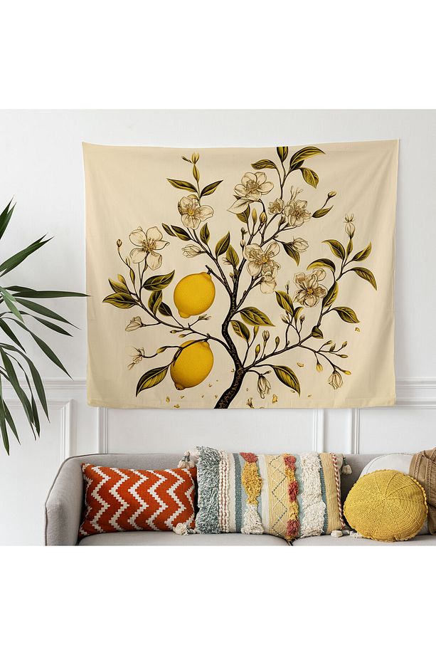 Minimalist Stil Limon Ağacı Duvar Örtüsü - %100 Pamuk Sırtlı, Ranforce Kumaş - Canlı Renkler, - 2