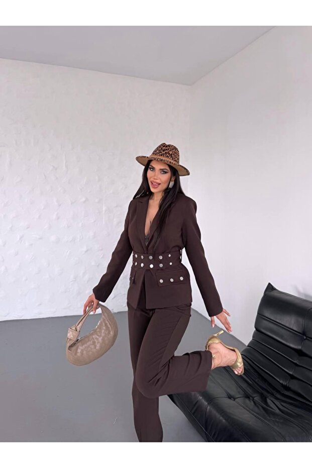 Gold Button Double Belt Two-Piece Blazer Set