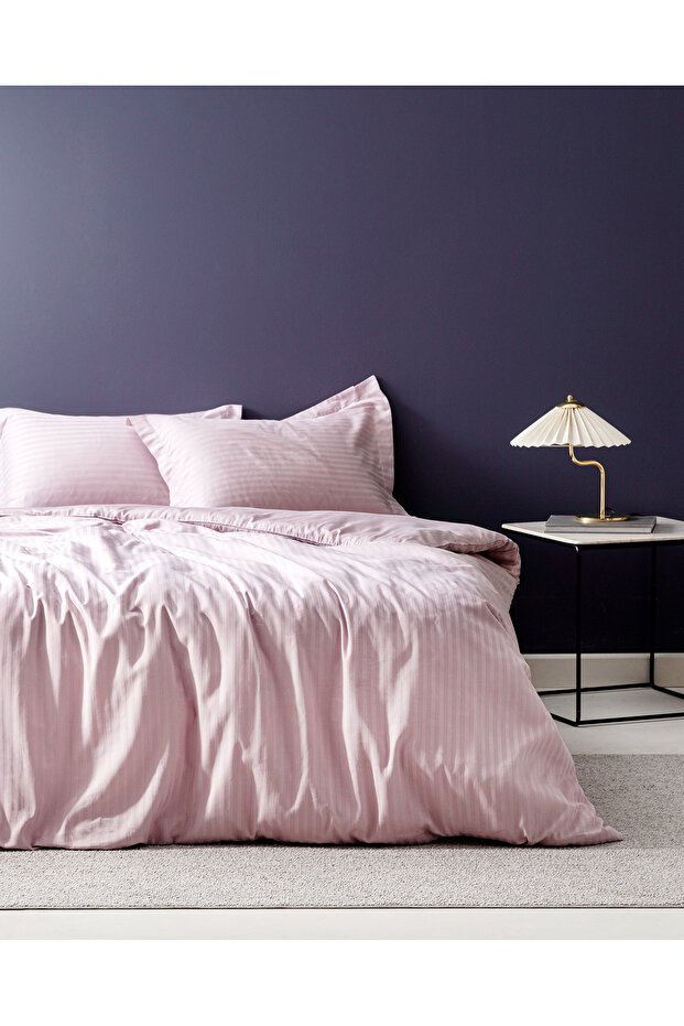 Elicia King Size 100% Cotton Striped Satin Bed Sheet Pieces Duvet Cover Set - Light Plum