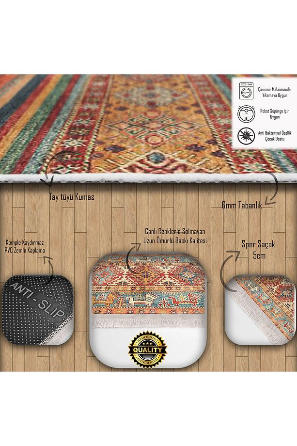 Kiremit Zemin Kilim Motifli Baklava Desenli Halı, Avangarde, Salon & Oturma Odası, Kaymaz Taban - 2