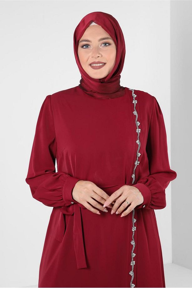 TAŞ İŞLEMELİ KUŞAKLI ELBİSE 20356 - 2