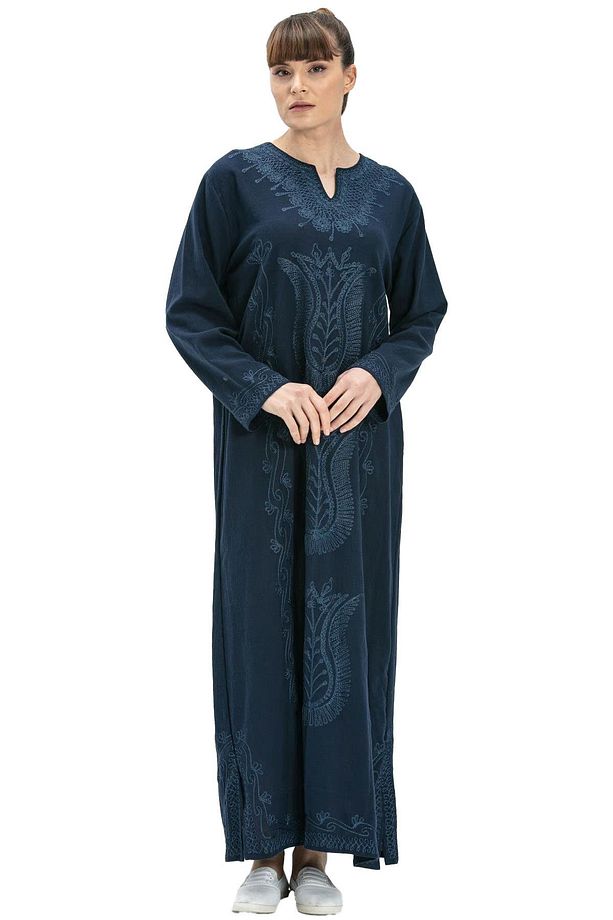 Uzun Kol Şile Bezi Simli Kaftan Midi Boy Yazlık Elbise Lacivert Lcvt - 8