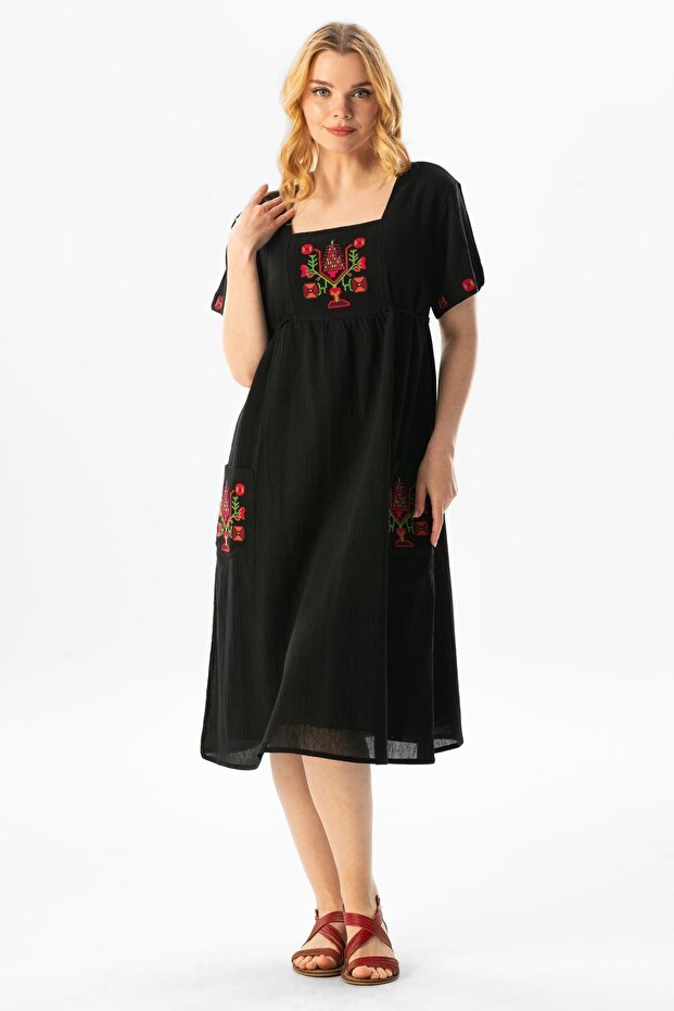 Short Sleeve Şile Cloth Angel Midi Length Summer Authentic Dress Black Syh