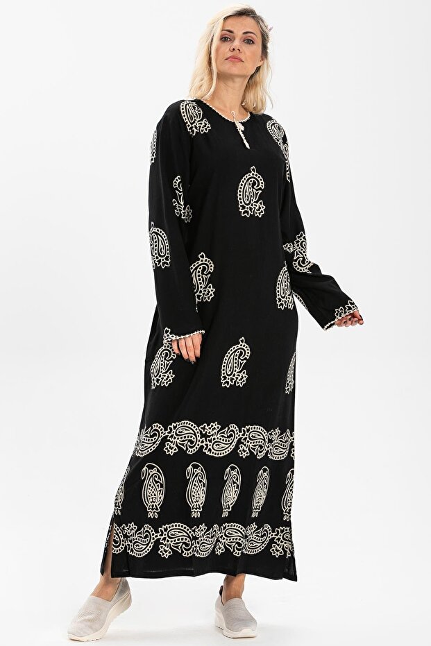 Long Sleeve Stone Print Cotton Long Shawl Pattern Summer Ethnic Dress Black Syh
