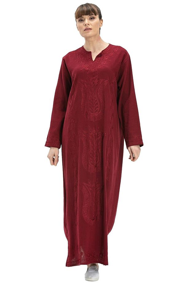 Uzun Kol Şile Bezi Simli Kaftan Midi Boy Yazlık Elbise Bordo Brd - 8