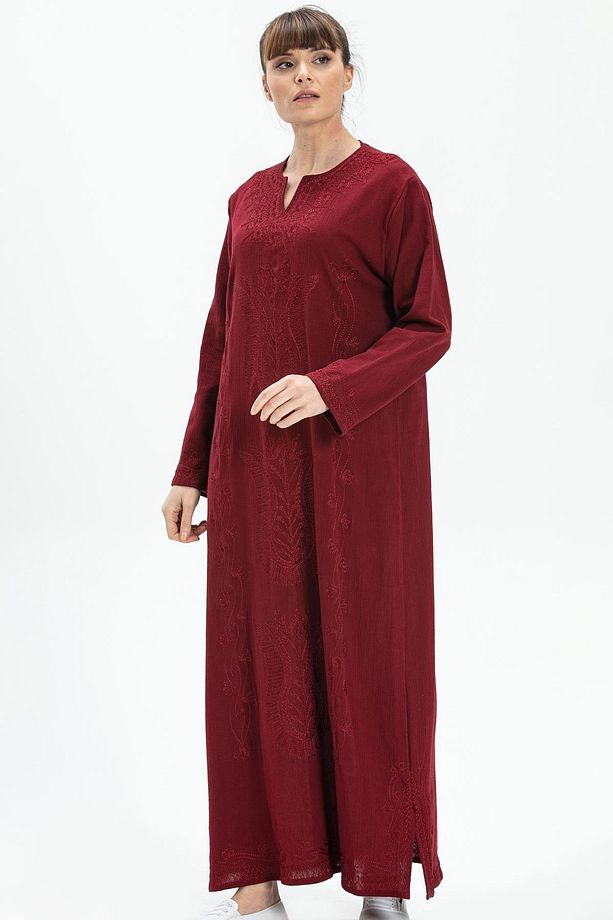 Uzun Kol Şile Bezi Simli Kaftan Midi Boy Yazlık Elbise Bordo Brd - 5