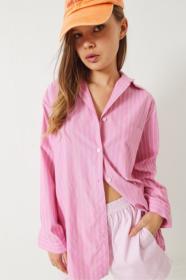 Kadın Tek Cep Detaylı Çizgili Poplin Gömlek 60283071 - 4