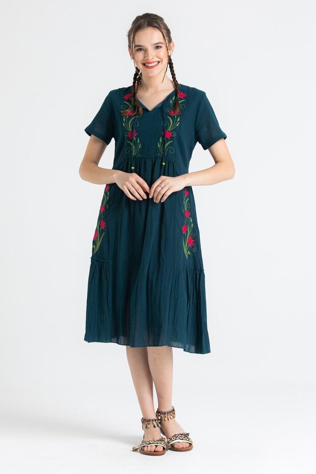 Short Sleeve Sile Fabric Lalezar Embroidered Midi Length Summer Dress Petrol Ptrl