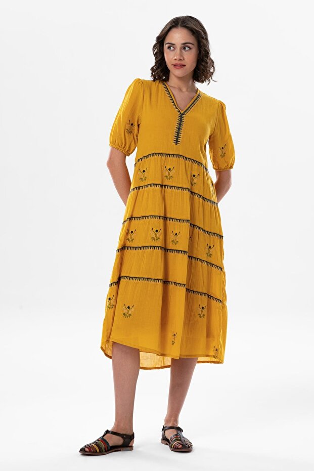 Short Sleeve Voile Embroidered V-Neck Reyhan Long Summer Authentic Dress Mustard Hrd