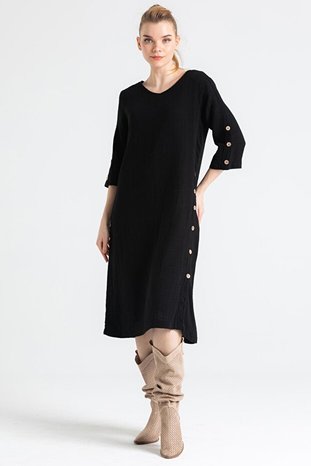 Truvakar Sleeve Izel Midi Length Summer Muslin Dress Black Black