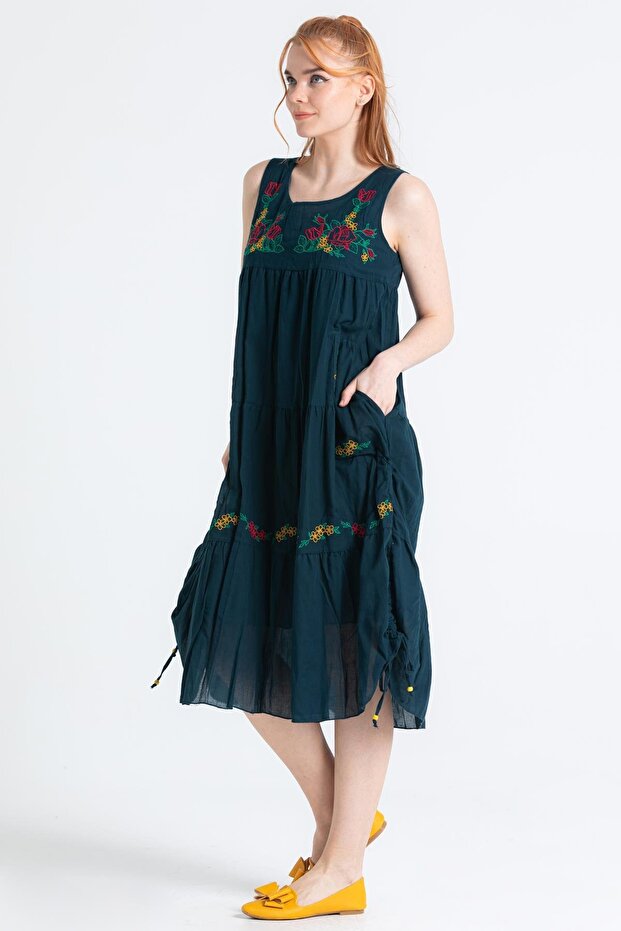 Kolsuz Vual Ahsen Nakışlı Midi Boy Yazlık Elbise Petrol Ptrl - 6