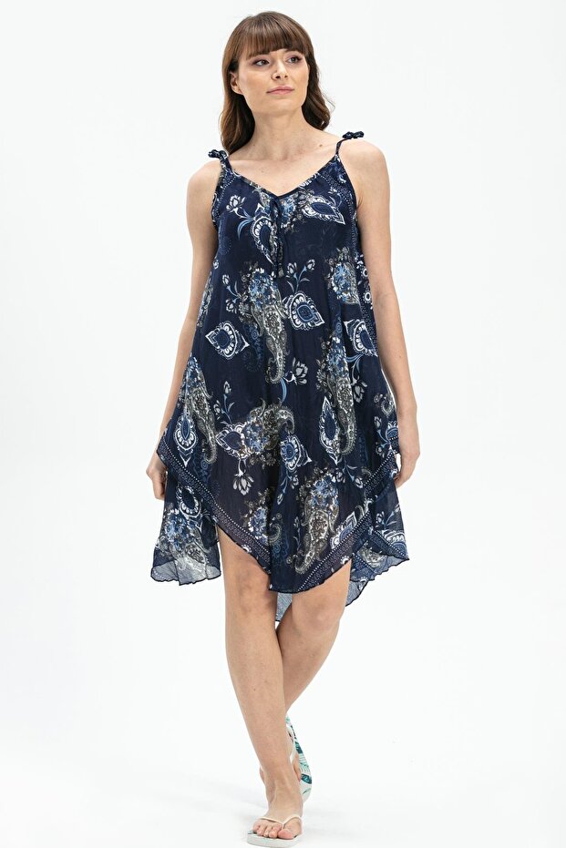 Strappy Voile Aphrodite Short Summer Dress Navy Blue 6139