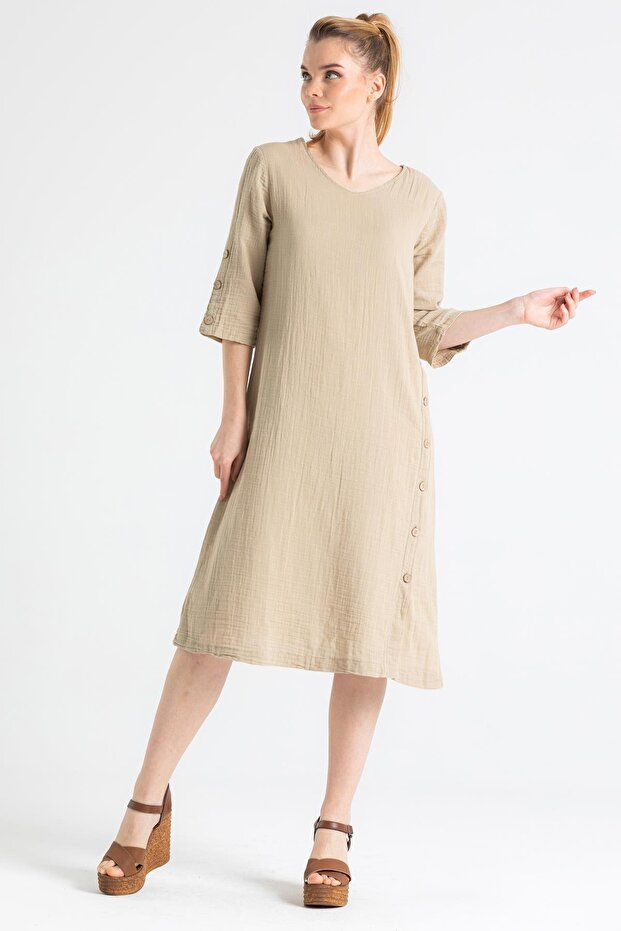 Truvakar Sleeve Izel Midi Length Summer Muslin Dress Mink Vzn