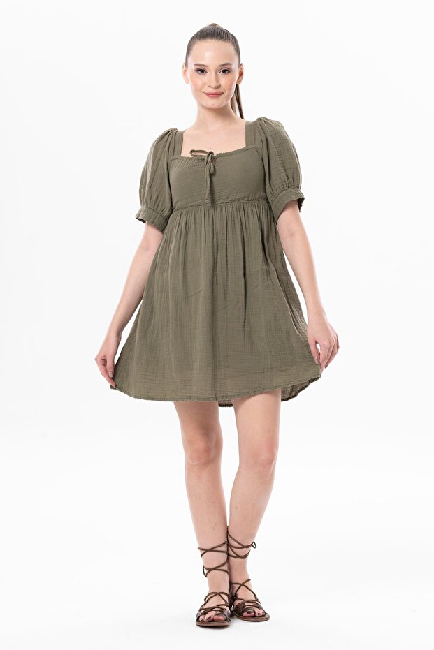Short Sleeve Lara Square Collar Lacing Detailed Summer Muslin Dress Khaki Hk
