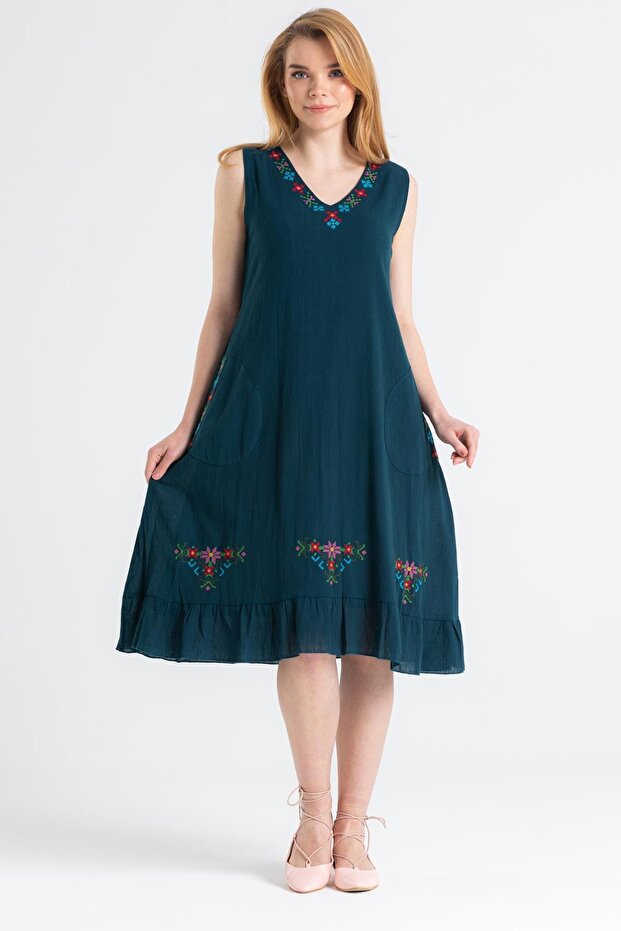 Sleeveless Şile Cloth Mehtap Midi Length Summer Dress Petrol Ptrl